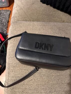 DKNY Black Leather Logo Flap Crossbody Bag
